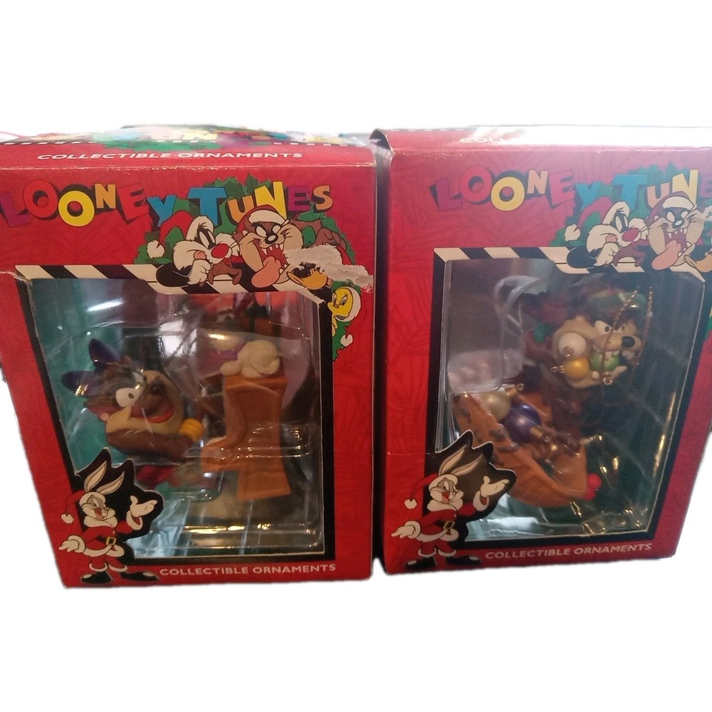 2 Vtg Looney Toons MS. TAZ On Piano TAZMANIAN DEVIL Baseball Christmas‎ Ornament